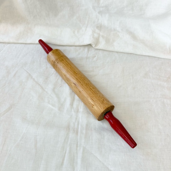 Vintage Farmhouse Wooden Rolling Pin Red Painted Handles - Picture 3 of 10